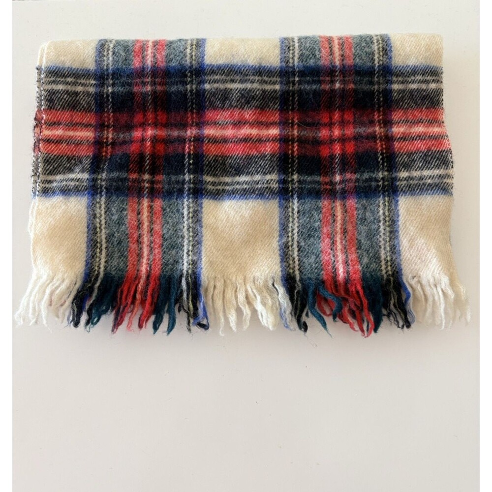 B Altman & Co Wool Scarf Red Ivory Black Plaid 53"x11"